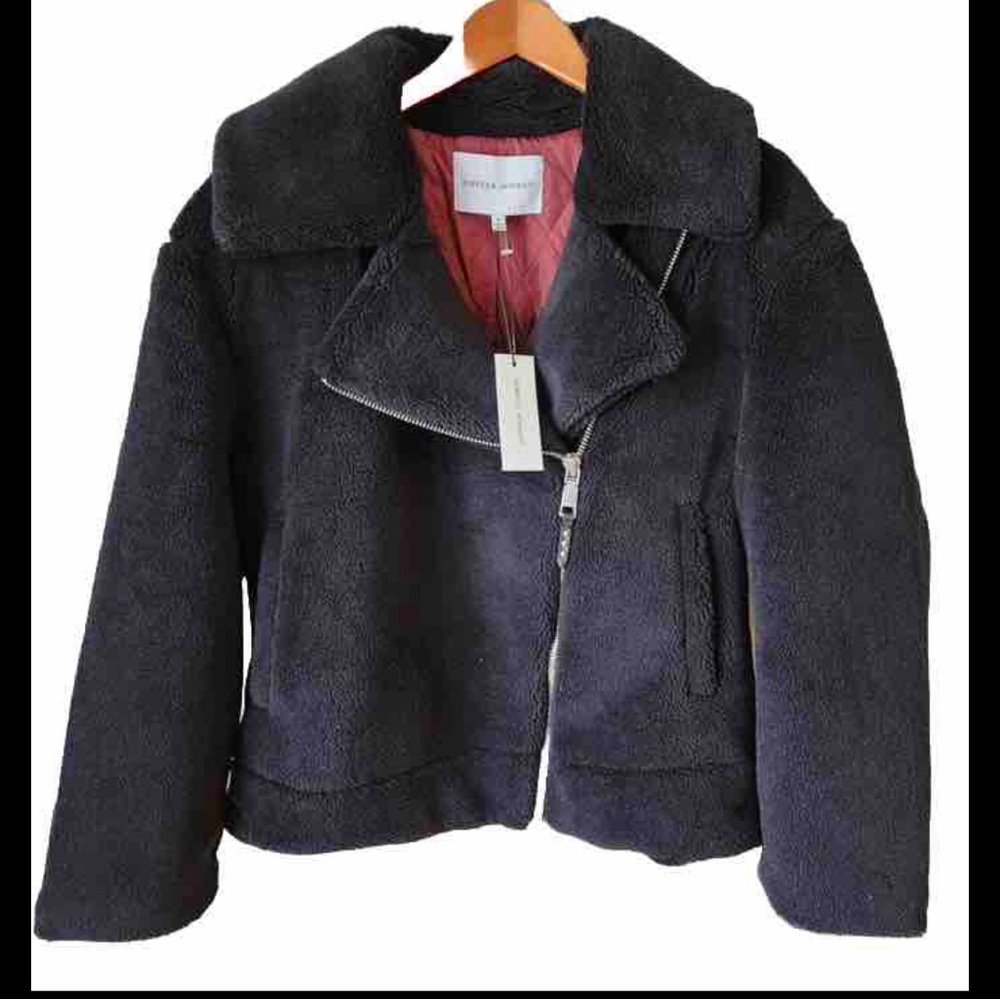 New Rebecca Minkoff Black Henderson Faux Fur Fleece Moto Jacket Coat Size XS - Picture 2 of 10
